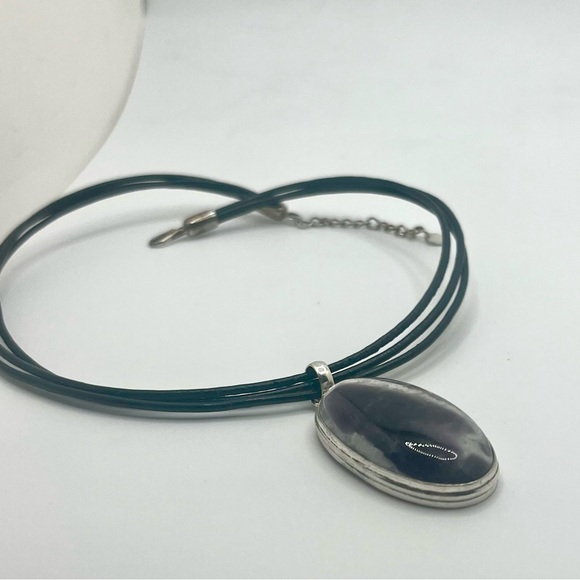 Sterling Silver Chevron Amethyst Pendant Necklace 925 Purple Banded Quartz - Picture 3 of 11